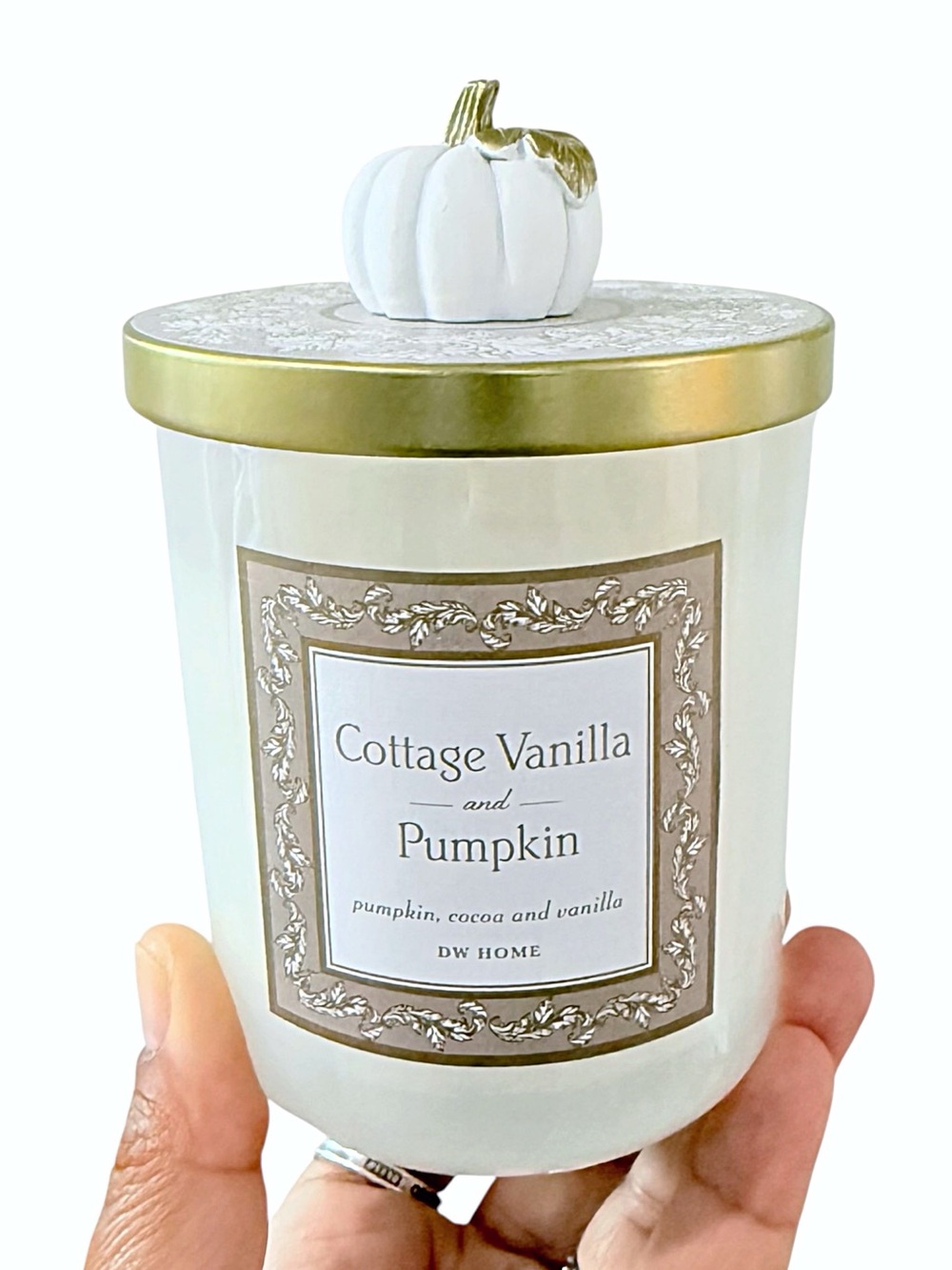 DW Home Cottage Vanilla & Pumpkin Luxury Scented Candle - White with Gold Accent - Picture 2 of 7